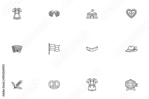 Collection of minimalist line art Oktoberfest icons showcasing traditional Bavarian elements like beer mugs, pretzels, lederhosen, and dirndl for festive designs