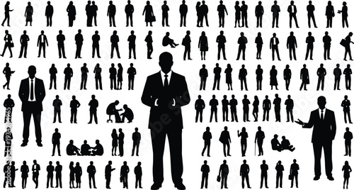 Business people silhouettes in various poses, professional office characters, standing, sitting, walking, corporate team, diverse group, black vector illustration
