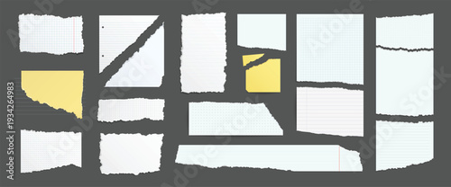 Torn paper pieces set. Light beige shapes with jagged uneven edges. Ripped different paper fragments collection. Textured grunge element bundle for collage, text box, banner, sticker, poster. Vector