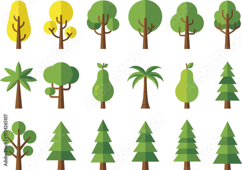 Flat design tree collection with various green and fruit trees, colorful nature illustration set isolated on white background