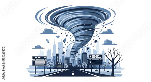 Illustration of a tornado approaching a city street with a dark and ominous mood.
