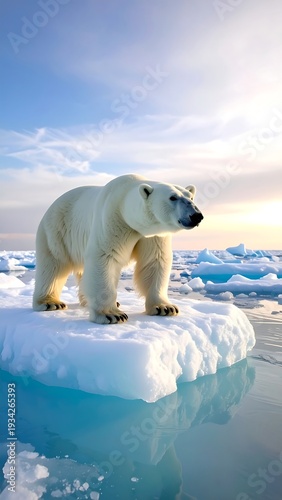 A majestic polar bear standing confidently on a melting iceberg in the Arctic