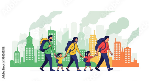 Illustration of a diverse family walking together in a stylized cityscape with a mix of green, yellow and orange buildings and smokestacks emitting green smoke.