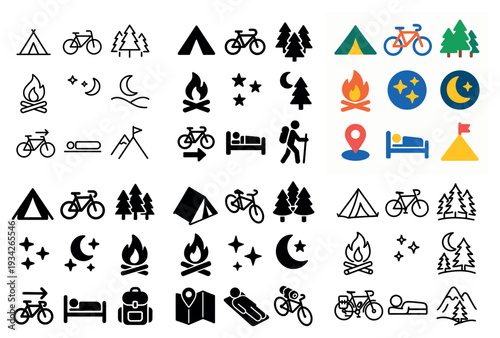 Outdoor icons with tent bicycle trees flat
