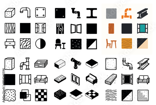 Building material icons with plank pipe tile outline