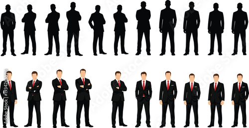 Businessmen silhouettes and flat characters in black suits and red ties, standing in various poses, isolated vector illustration, professional, work.