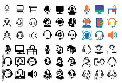 Communication icons with headset and microphone flat outline