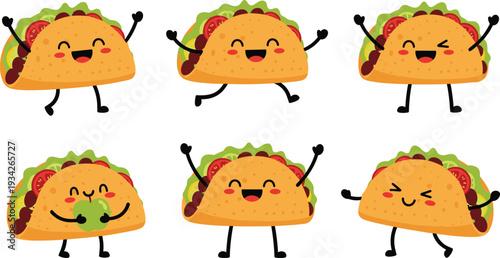 Cute Kawaii Taco Characters Set with Funny Mexican Food Cartoon Mascots in Different Poses Vector Illustration Collection