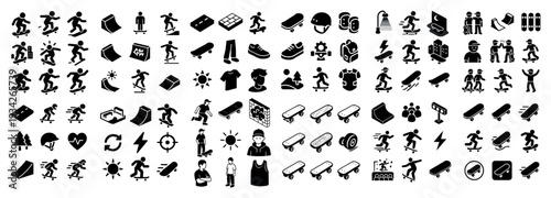 Skateboarding icons with skateboard rail helmet minimal
