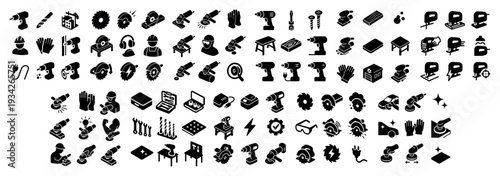 Handyman icons with glove drill saw solid
