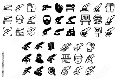 Woodworking icons with sander plank gloves outline