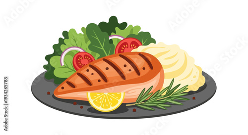 Grilled salmon fillet with mashed potatoes, lemon, and herbs on a plate.