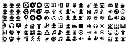 Music icons with headphones record speaker solid