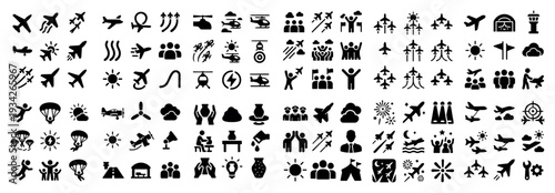 Travel icons with airplane parachute people minimal