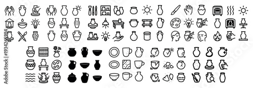 Pottery icons with vase bowl brush outline