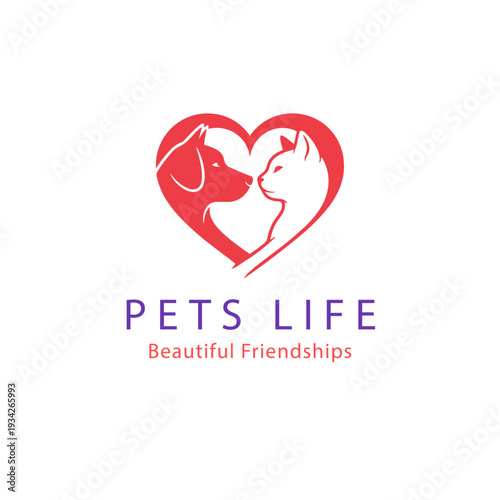 Pet love logo with dog and cat inside heart