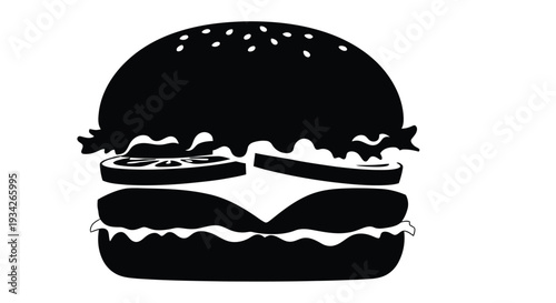 Minimalist black silhouette of a classic cheeseburger with pickle slices