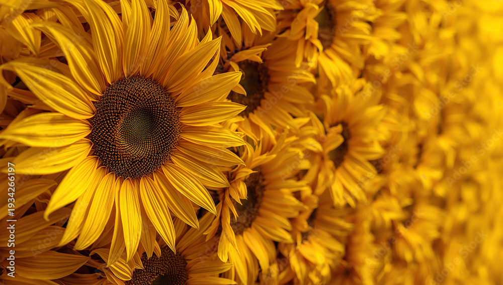 Obraz premium ひまわりの花壁を近接で切り取る夏の明るい背景素材