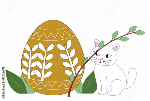 Cute cat with decorated Easter egg and willow branch. Pet-first celebration. Folk art style. Vector illustration for greeting card, banner