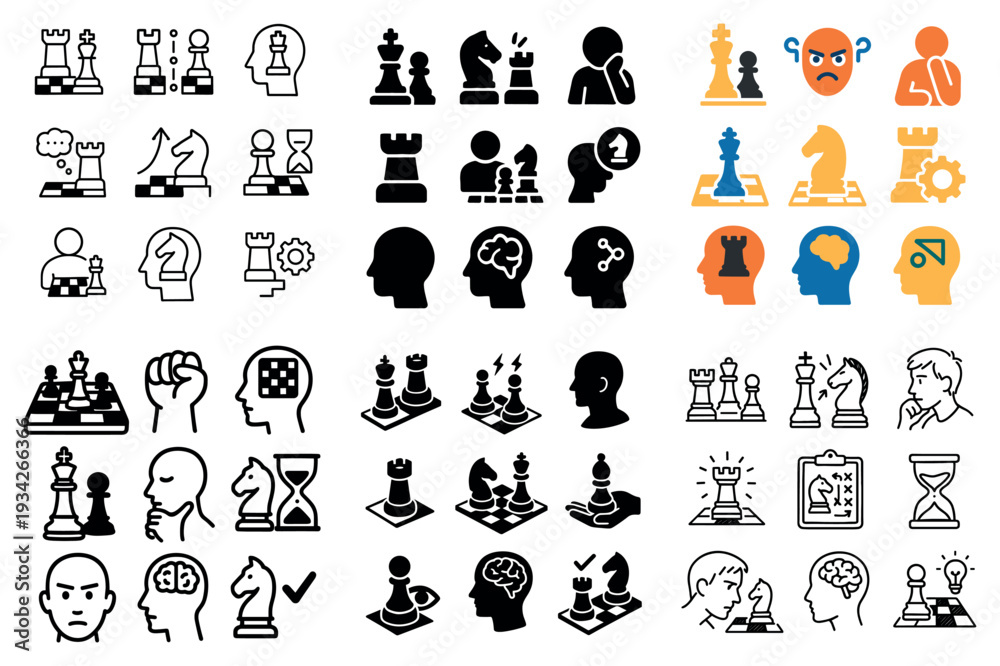 Fototapeta premium Chess icons with king knight and thinking outline