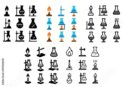Chemistry icons with flask beaker outline