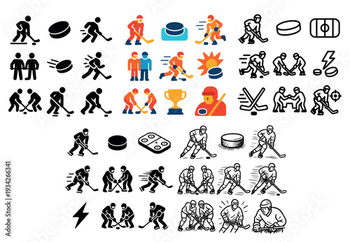 Ice hockey icons with player puck stick minimal