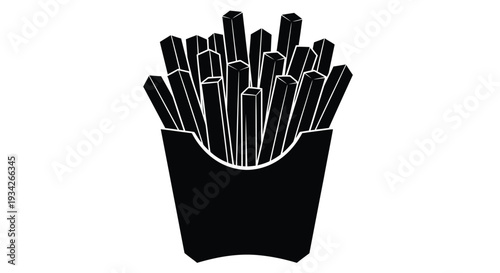 Black and white illustration of french fries in a paper container