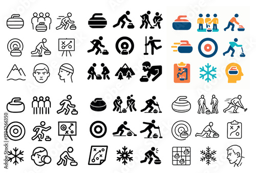 Winter curling icons with stone broom house flat