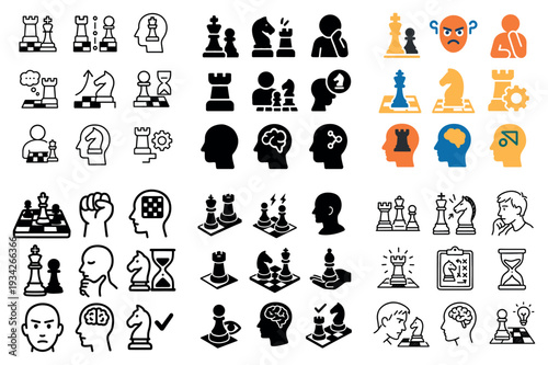 Chess icons with king knight and thinking outline