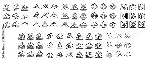 Mountain icons with sun tree house minimal