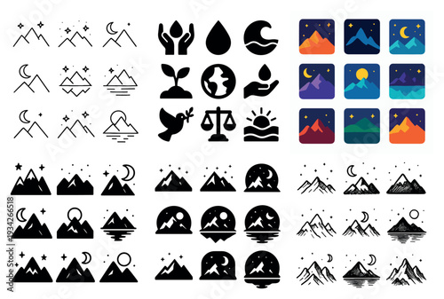 Nature icons with mountain moon star flat