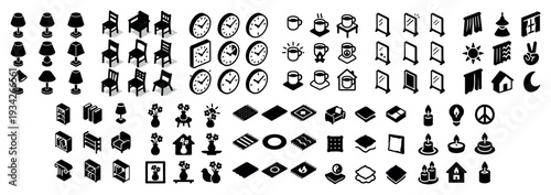 Home icons with lamp chair clock minimal