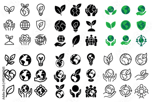 Global ecology icons with globe leaf hands outline