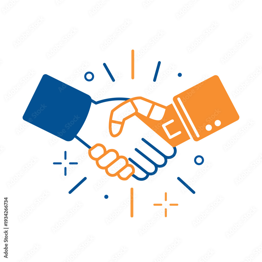 Fototapeta premium Human and Artificial Intelligence Handshake – Technology Partnership Concept.Flat line style illustration of a handshake between a human hand and a robotic hand.