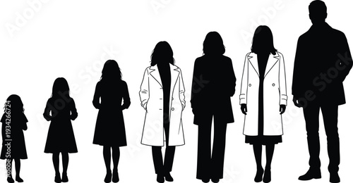 Human growth stages silhouette from child to adult woman and man isolated on white background life cycle concept