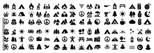Outdoor icons with tent campfire tree silhouette