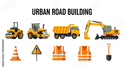 Flat lay of urban road building icons including construction vehicles and safety equipment on a white background.