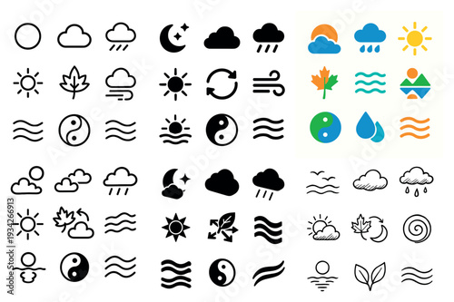 Seasonal icons with sun leaf wave minimal