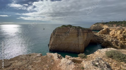  Rock Formations, Cliffs and Atlantic Ocean on Sunny Day. Algarve, Portugal
