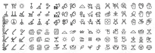 Gardening icons with shovel rake gloves outline