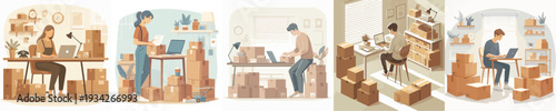 Vector of Small Business Owner Packing Orders