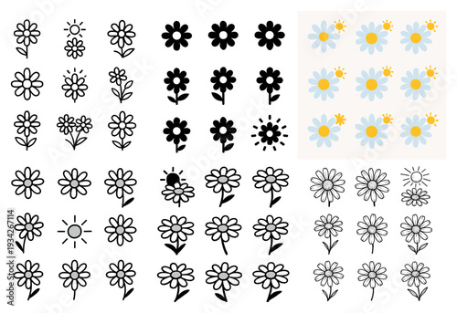 Daisy icons with flower stem and sun outline