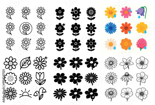 Botanical icons with flower leaf bloom colorful minimal