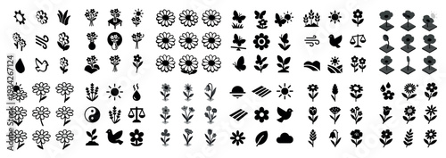 Nature icons with flower leaf bird minimal