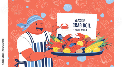 Seaside Crab Boil Invitation: Chef With Seafood Feast