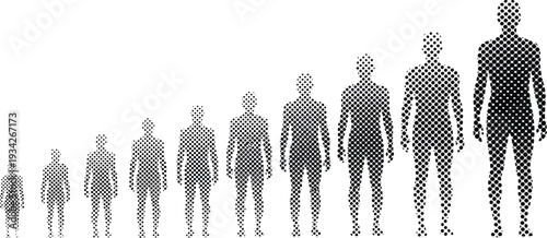 Human growth evolution silhouette with halftone dot pattern from child to adult isolated on white background conceptual vector illustration