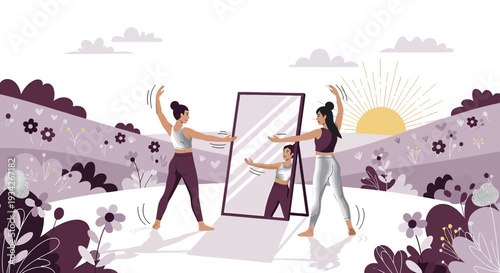 Self-reflection and acceptance: two women admiring themselves in a mirror outdoors