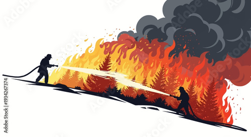 Silhouette of firefighters battling a wildfire with a hose on a hill
