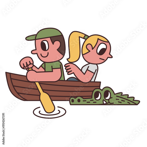 The boy is paddling and the girl is staring at the crocodile in the river