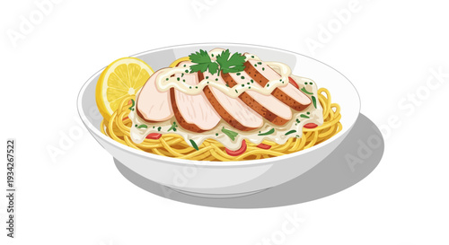 Illustration of a plate of pasta with chicken and lemon on a white background